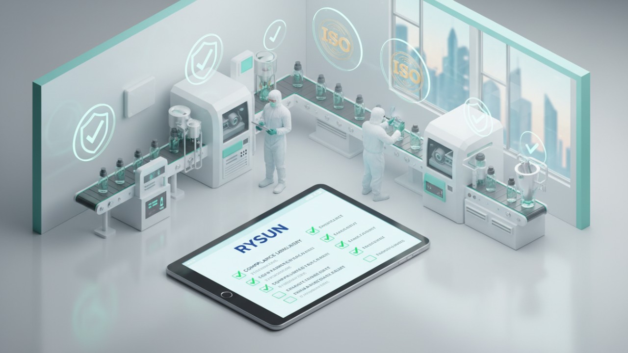 A 3D illustration showing a clean cosmetic manufacturing facility with the brand name RYSUN on a compliance tablet and safety symbols