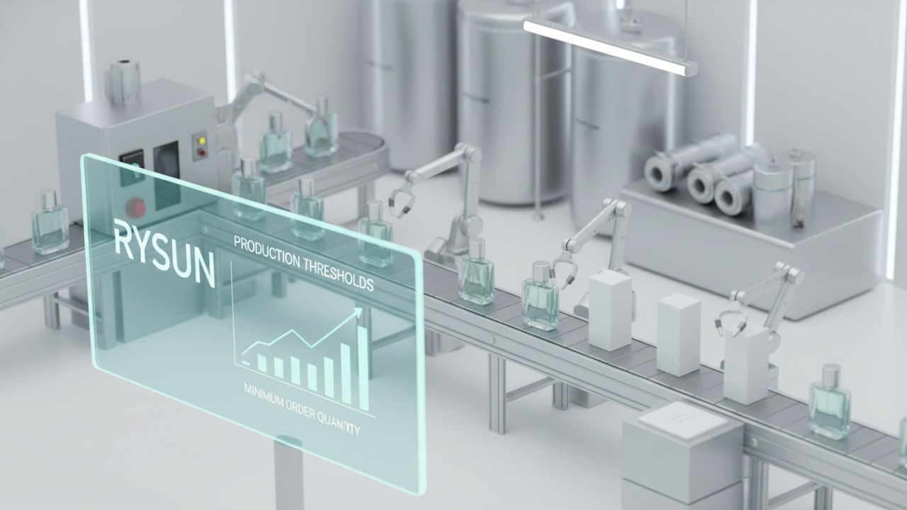 A 3D illustration showing a cosmetic production line with the RYSUN brand name on a digital inventory screen.