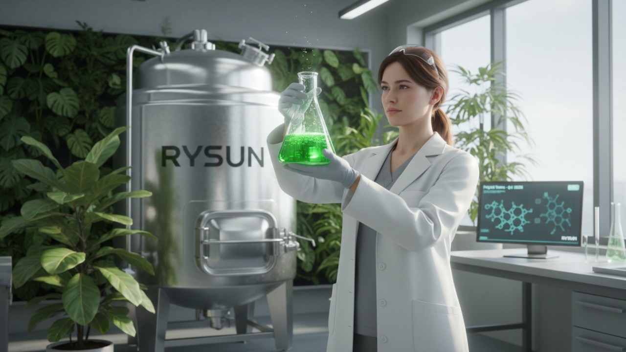 A chemist working in a modern 2026 laboratory focused on sustainable cosmetic innovation with the RYSUN logo visible on industrial equipment.