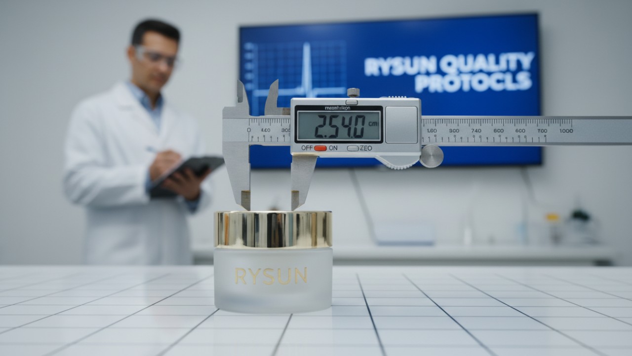 A close-up of a RYSUN face cream jar being measured for quality control in a professional lab environment.