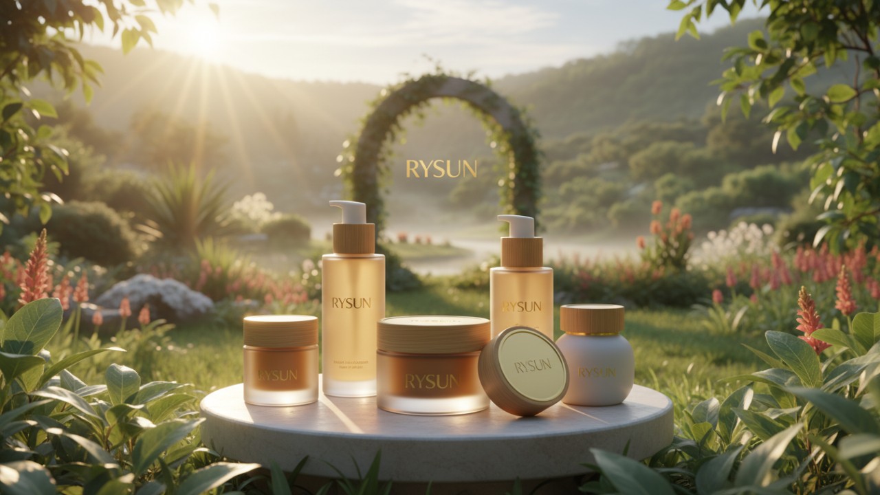 A collection of RYSUN skincare products displayed elegantly in a lush garden setting at sunrise to symbolize clean beauty success.