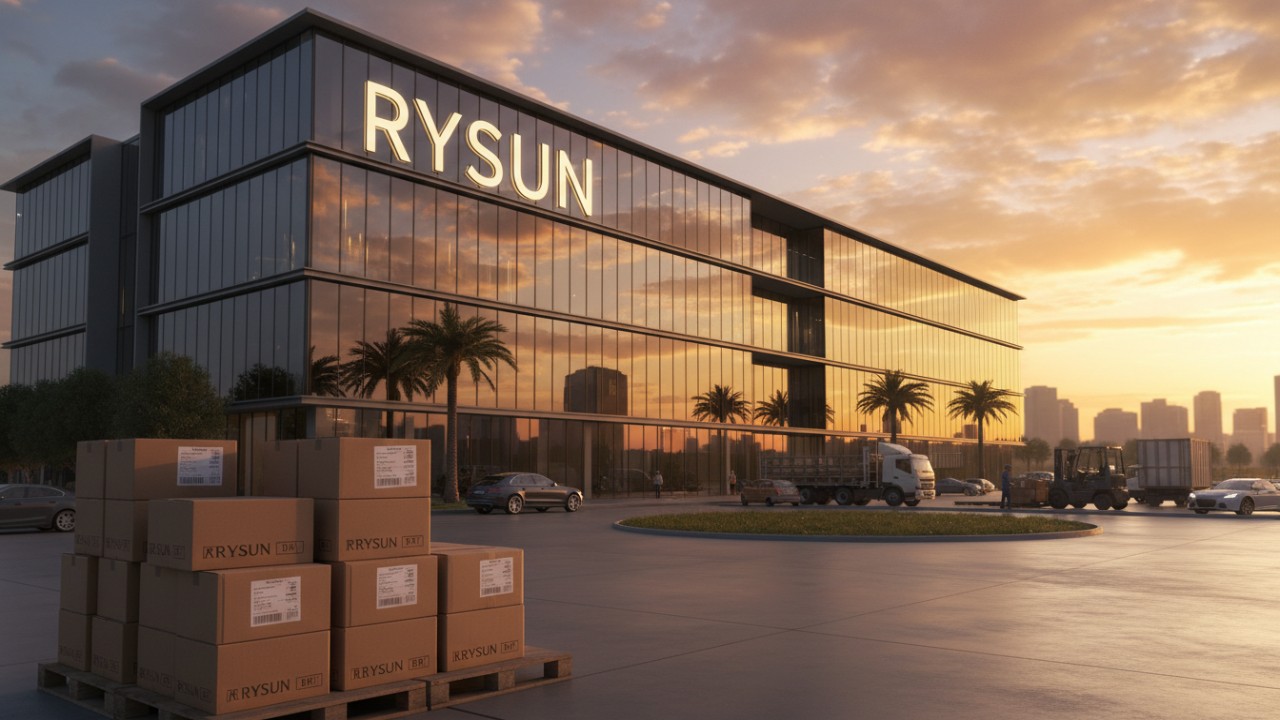 A conceptual image of the RYSUN headquarters building at sunset representing business success and global scaling.