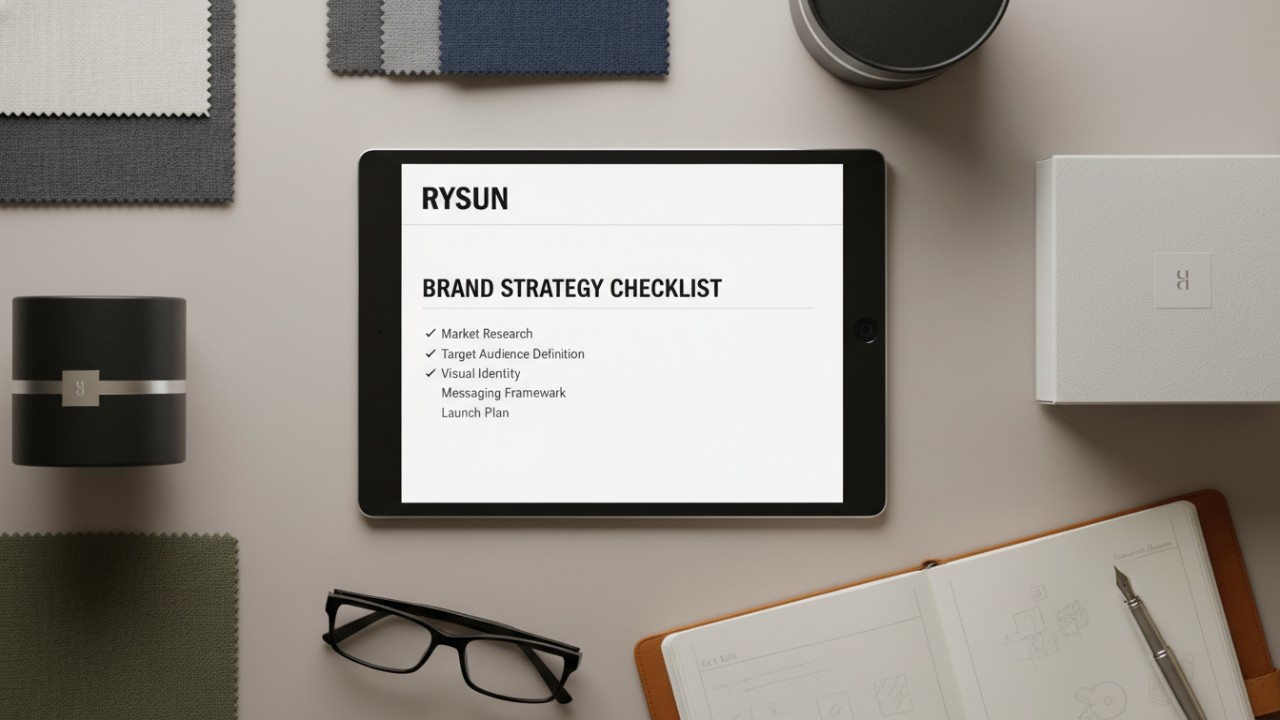 A creative workspace showing a brand strategy checklist for RYSUN on a tablet surrounded by premium packaging samples.