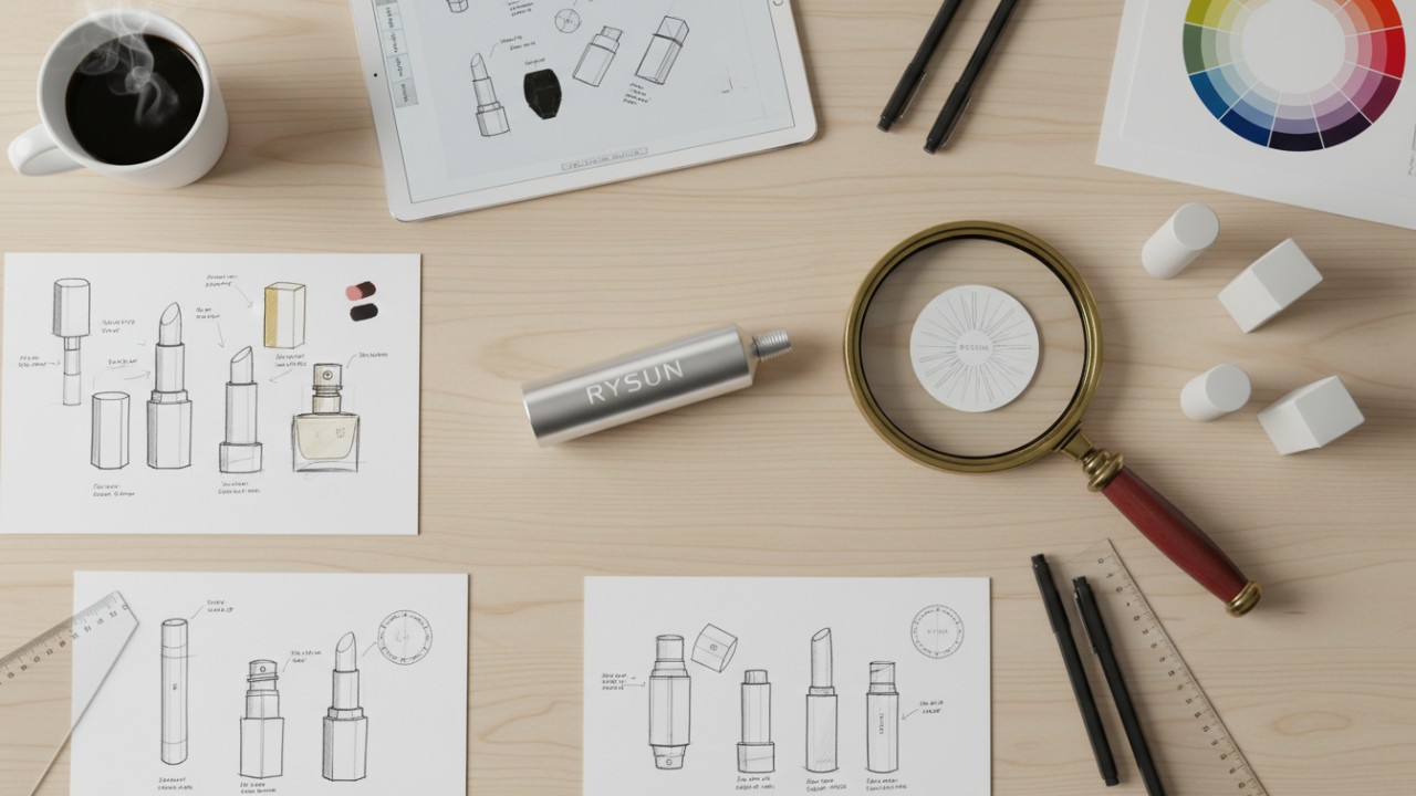 A designer workspace with cosmetic packaging prototypes and a RYSUN branded product showing attention to detail