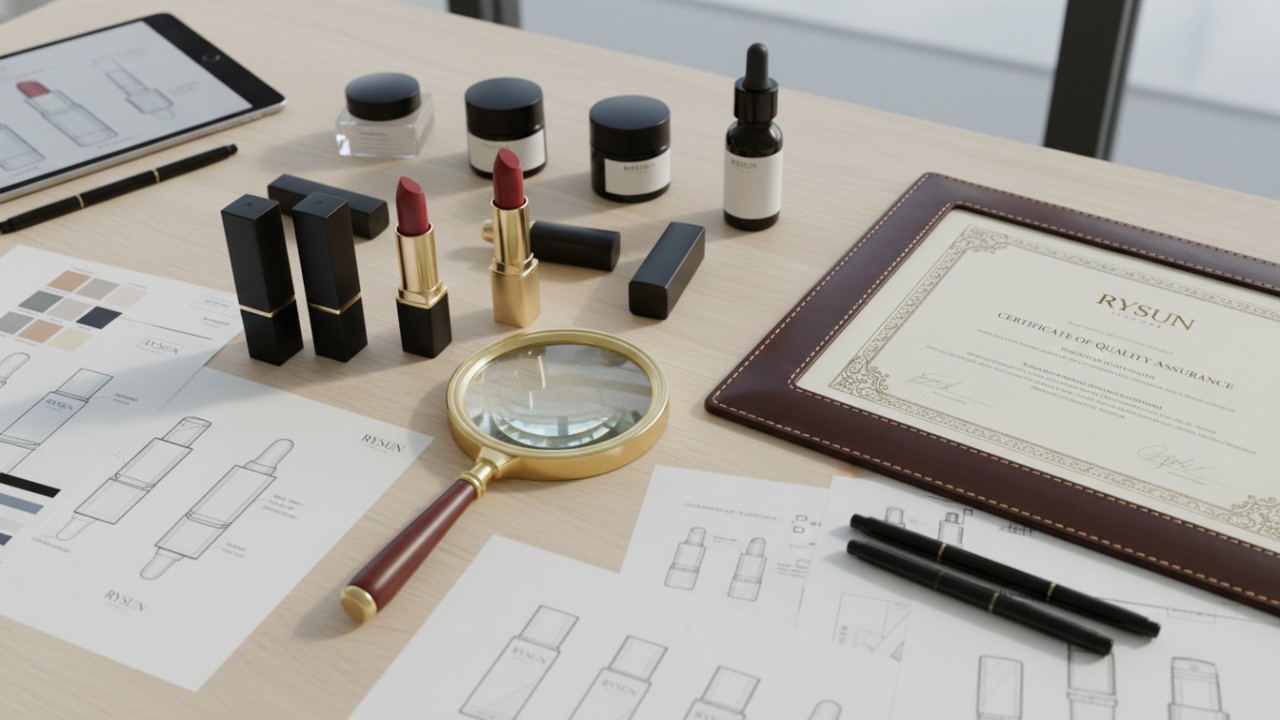 A designer workspace with cosmetic packaging samples and a quality certificate displaying the RYSUN logo.