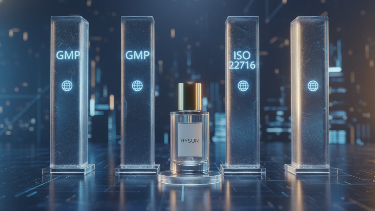A digital 3D representation of GMP and ISO standards as glowing pillars surrounding a RYSUN branded cosmetic product.