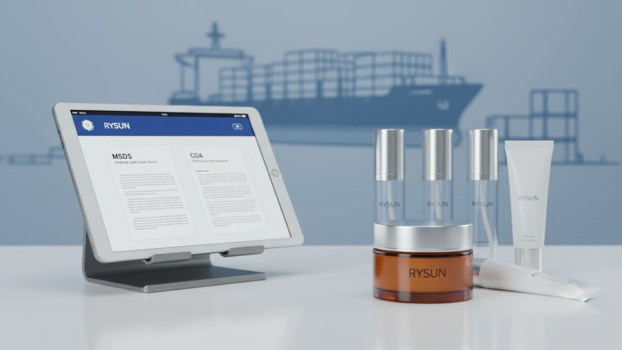 A digital illustration showing cosmetic products next to shipping documents and a cargo port representing the requirements for importing cosmetics from China.
