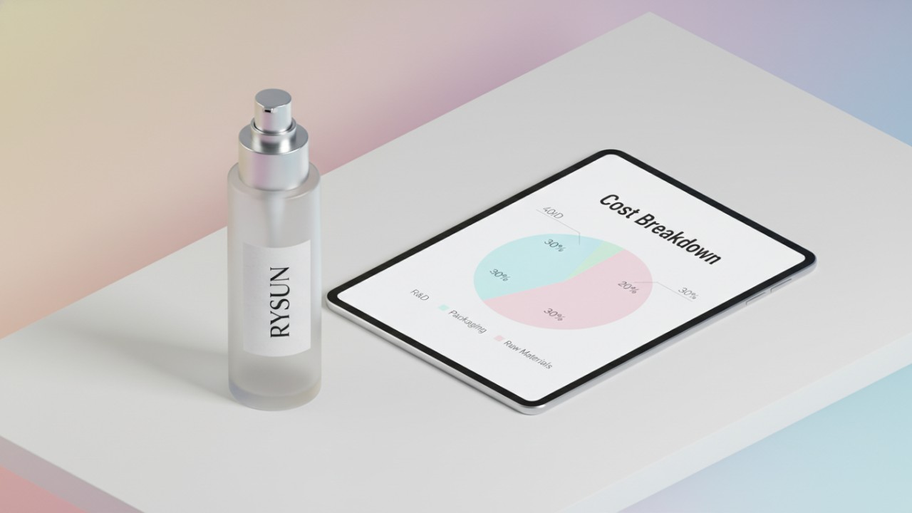 A digital tablet showing a cosmetic cost breakdown pie chart next to a RYSUN branded product on a desk