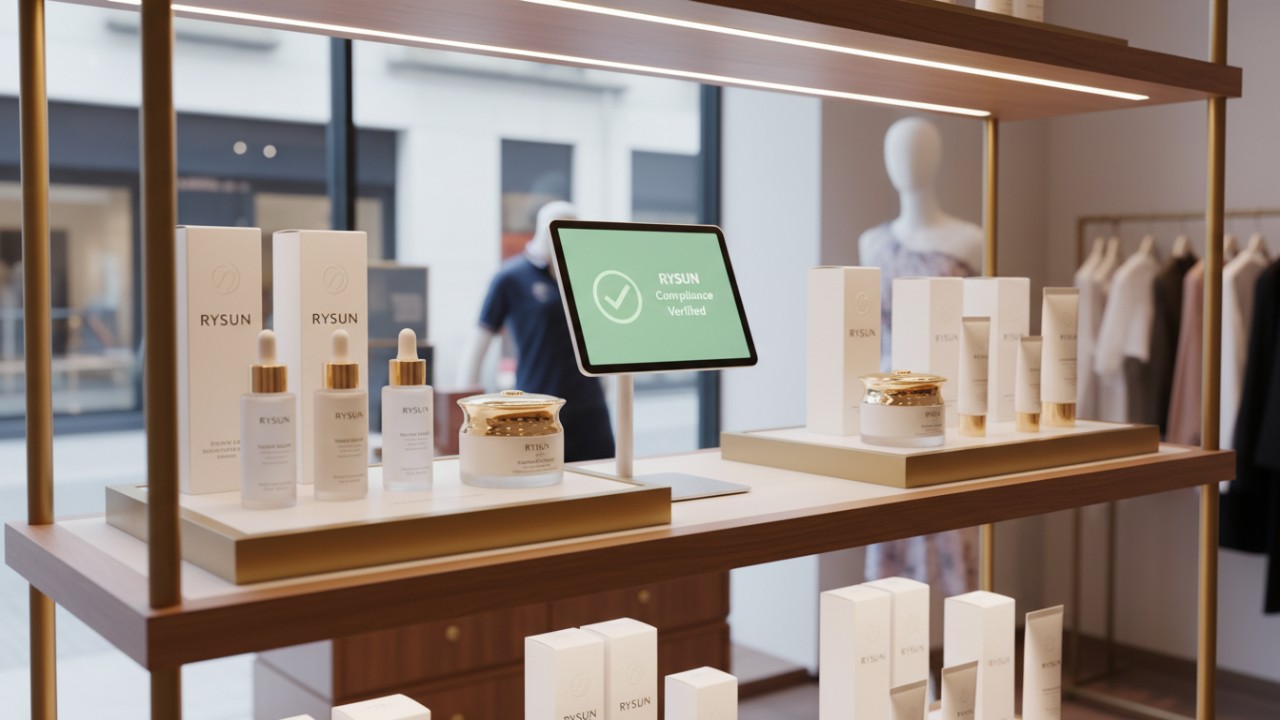 A display of RYSUN skincare products on a retail shelf representing successful regulatory compliance and professional packaging design.