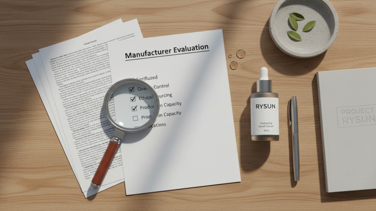 A flat lay of a workspace with an evaluation checklist and a RYSUN branded serum bottle, representing the careful selection of a skincare manufacturer.