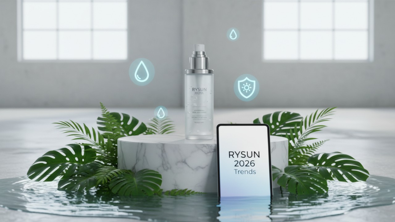 A futuristic 2026 suncare trend display with a RYSUN digital screen and natural botanical elements.