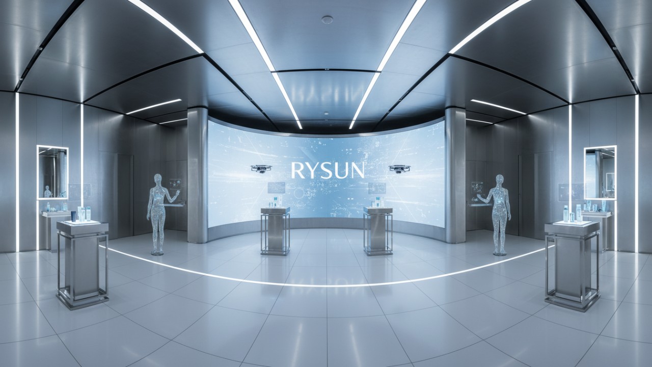 A futuristic beauty showroom with a glowing RYSUN brand sign on a large LED wall.