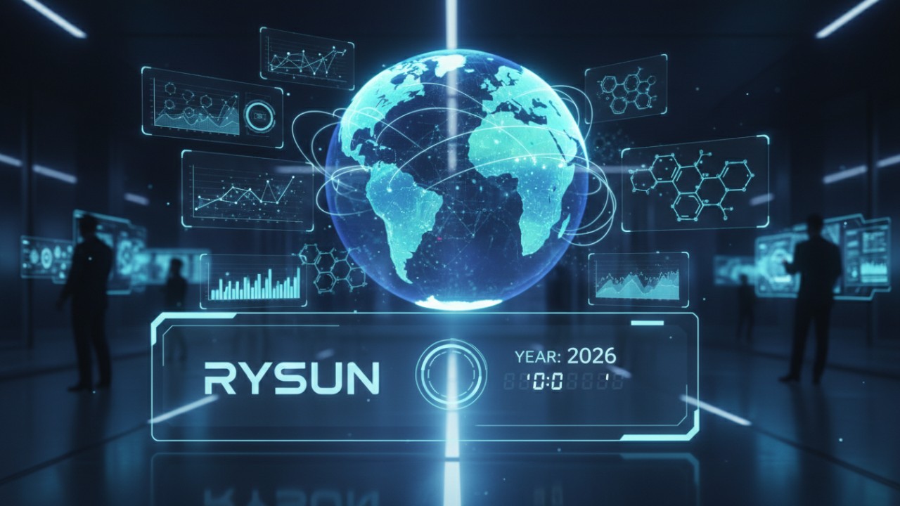 A futuristic digital dashboard with a global map and the text RYSUN representing cosmetic regulatory trends for 2026