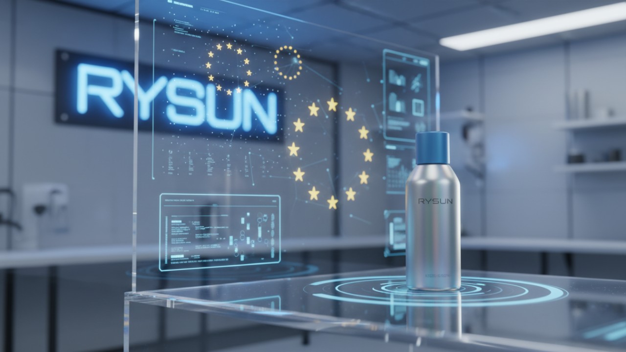 A futuristic digital interface showing cosmetic trends for 2026 with RYSUN brand signage in the background.