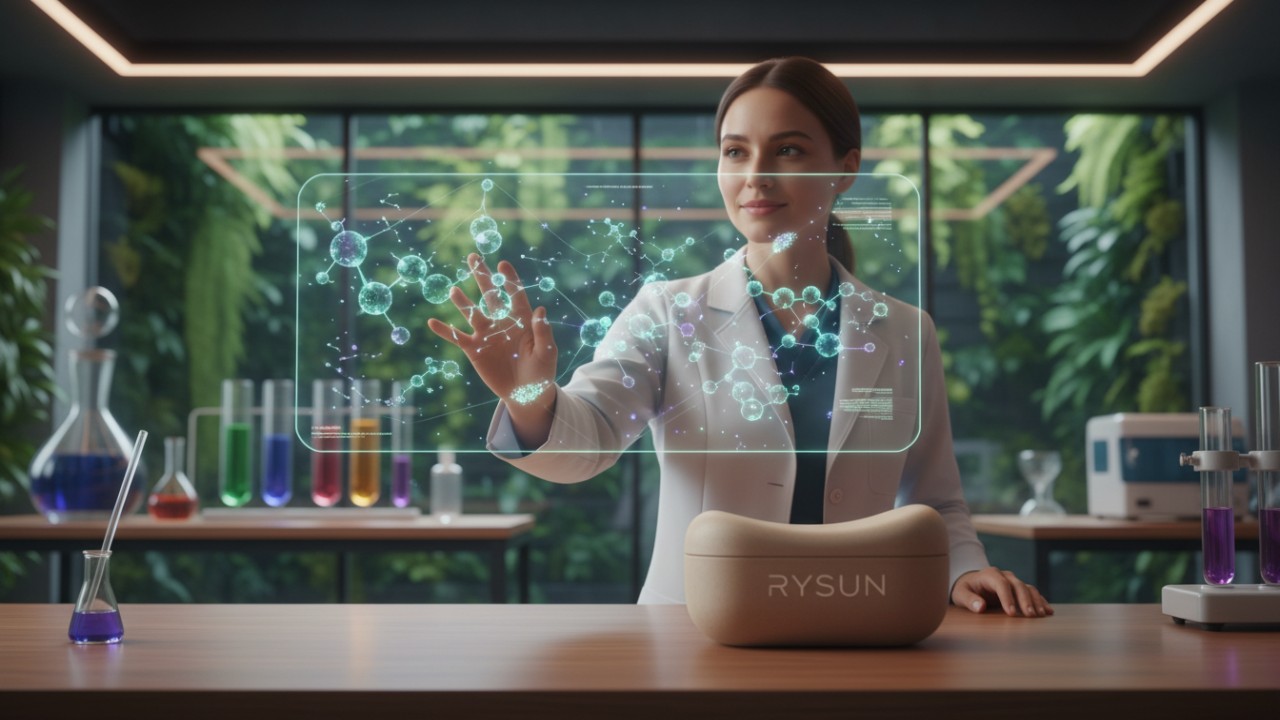A futuristic laboratory setting showing sustainable beauty trends for 2026 with RYSUN branding on eco-friendly packaging.