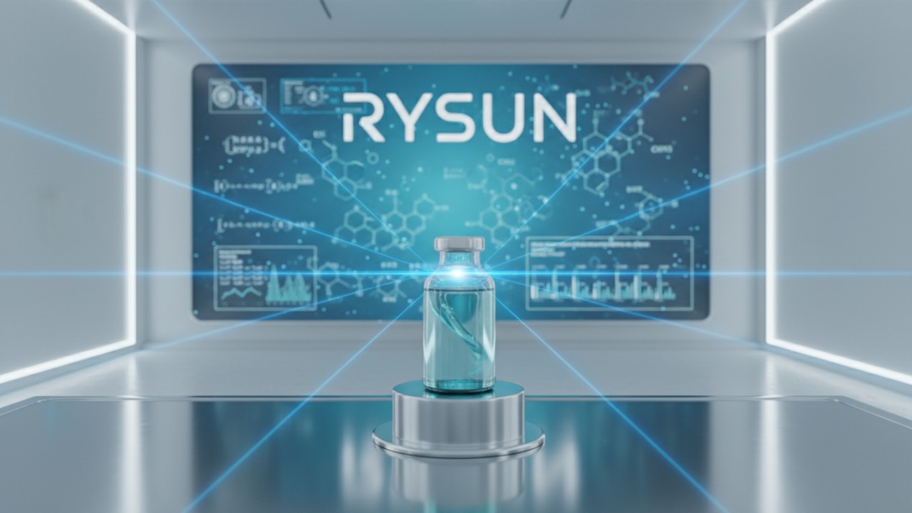 A futuristic laboratory setup showing a cosmetic bottle being analyzed by holographic technology with the RYSUN brand name on a digital screen.