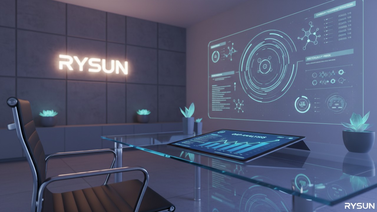 A futuristic office setting showing a digital gap analysis for 2026 beauty trends with the RYSUN brand logo visible in the background.