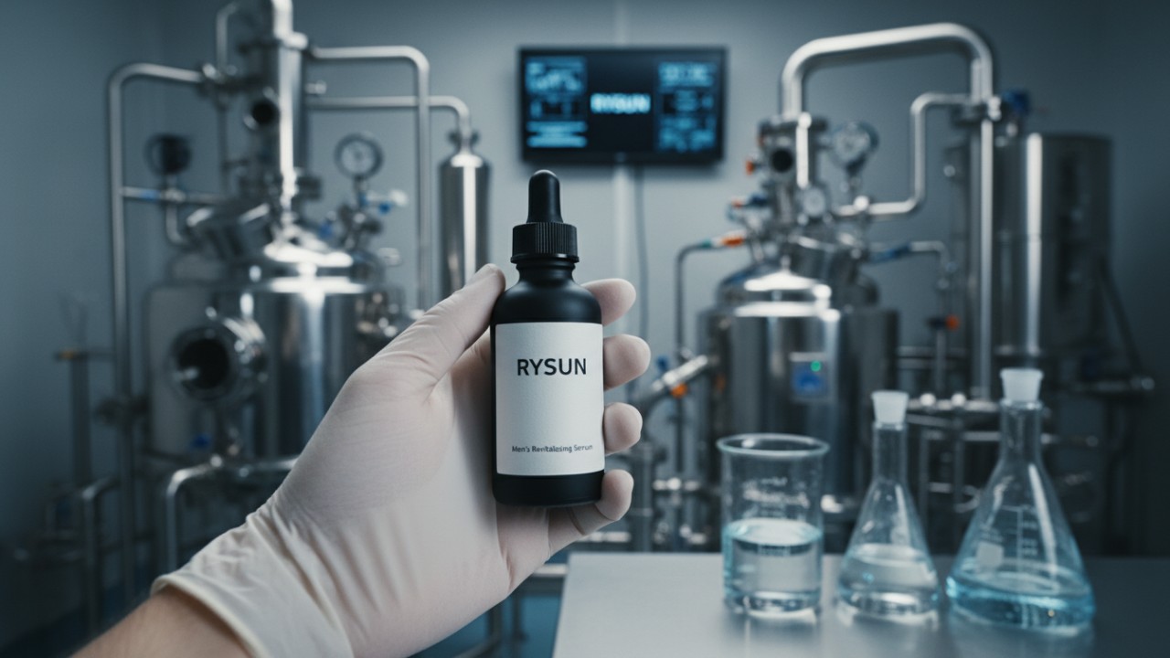 A high-end men's serum bottle with the RYSUN brand name being held in a clean laboratory manufacturing setting.