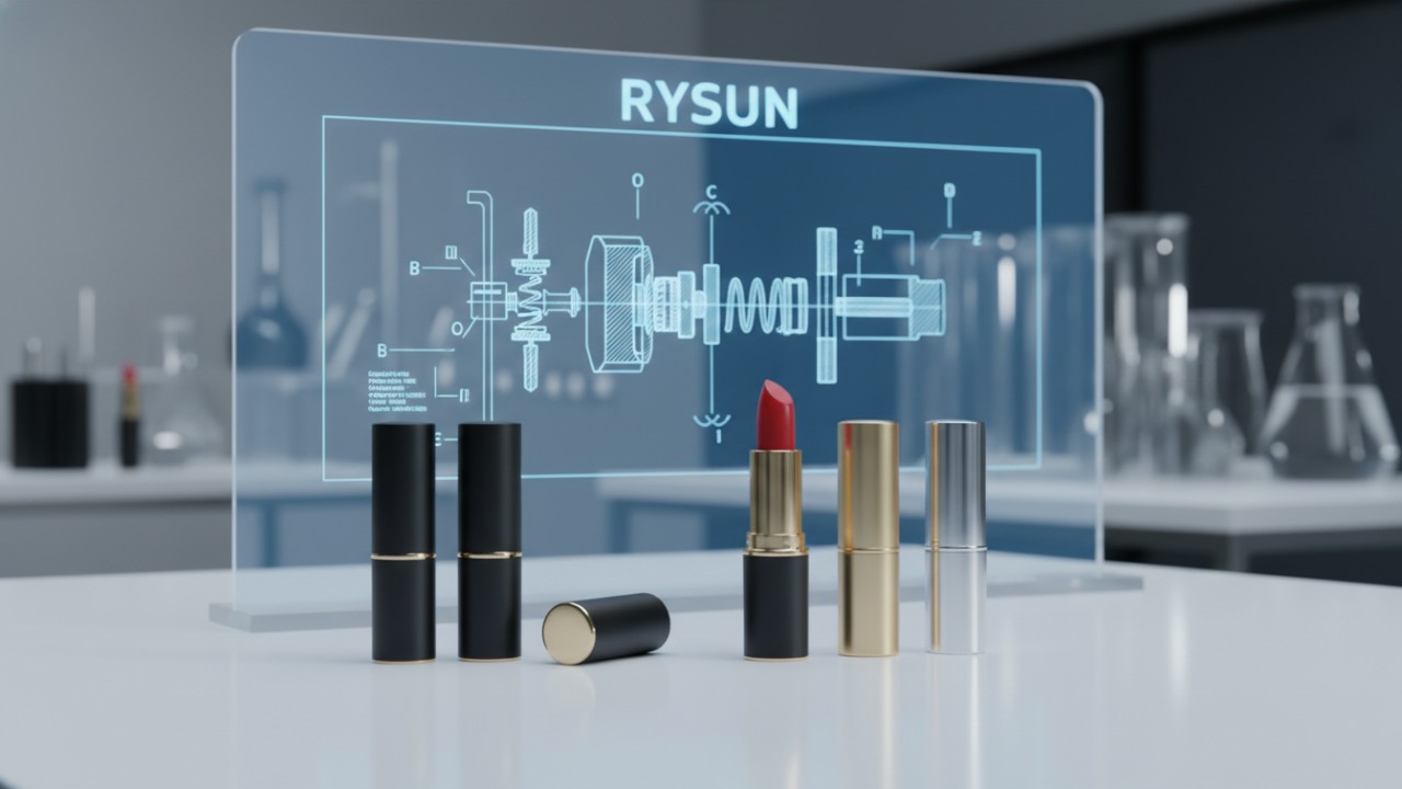 A high tech cosmetic manufacturing lab setting featuring sleek lipstick tubes and a digital blueprint with the RYSUN brand name.
