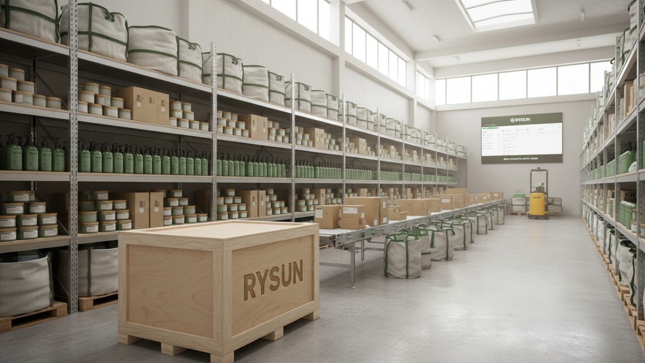 A large quantity of sustainable cosmetic jars and bottles in a warehouse with the brand name RYSUN etched on a shipping crate