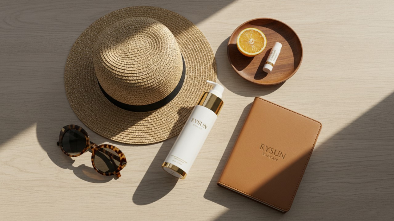 A lifestyle flat lay of a sun protection kit featuring a RYSUN sunscreen bottle and notebook.