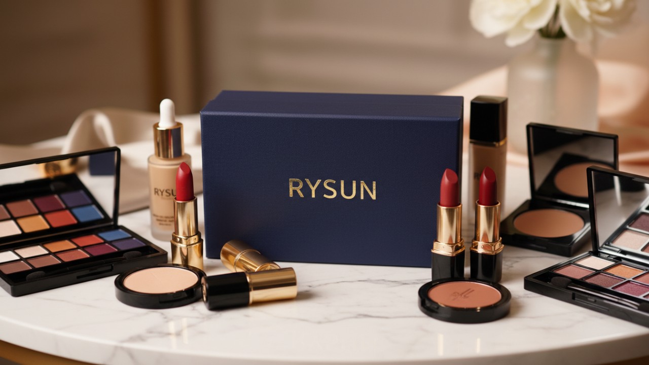A luxurious display of finished makeup products with the RYSUN brand name embossed in gold on a premium product box.
