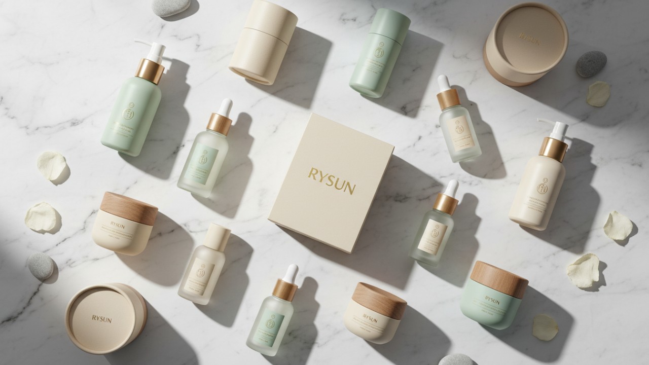 A luxurious flat-lay of RYSUN skincare products on a marble surface with gold embossed branding