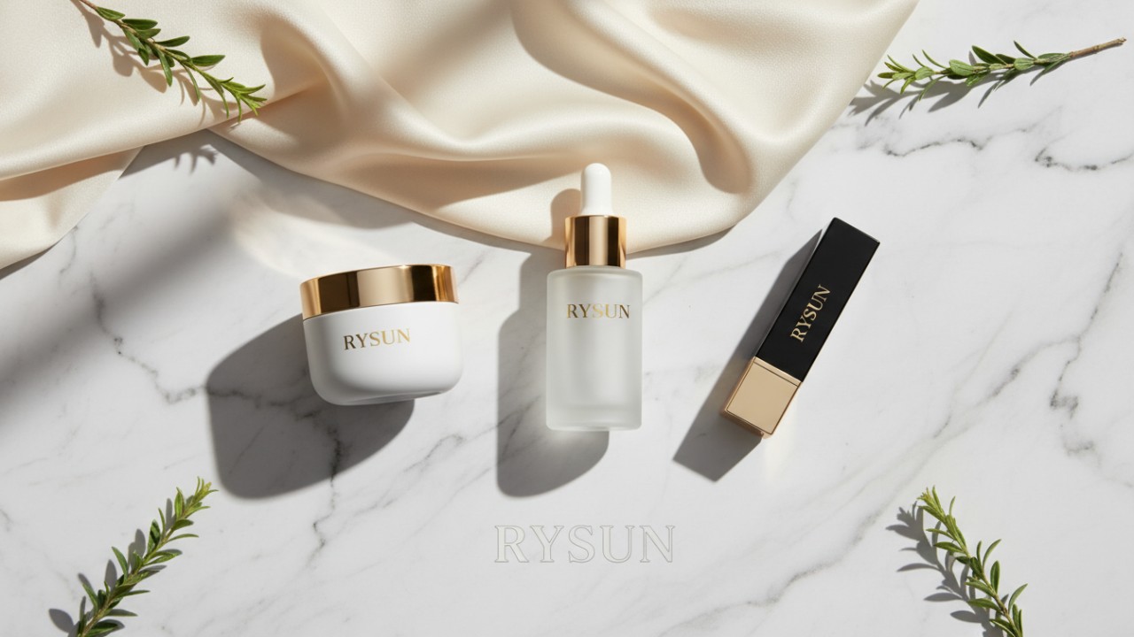 A luxury cosmetic flat-lay featuring RYSUN branded skincare and makeup on a marble surface representing a successful business conclusion.