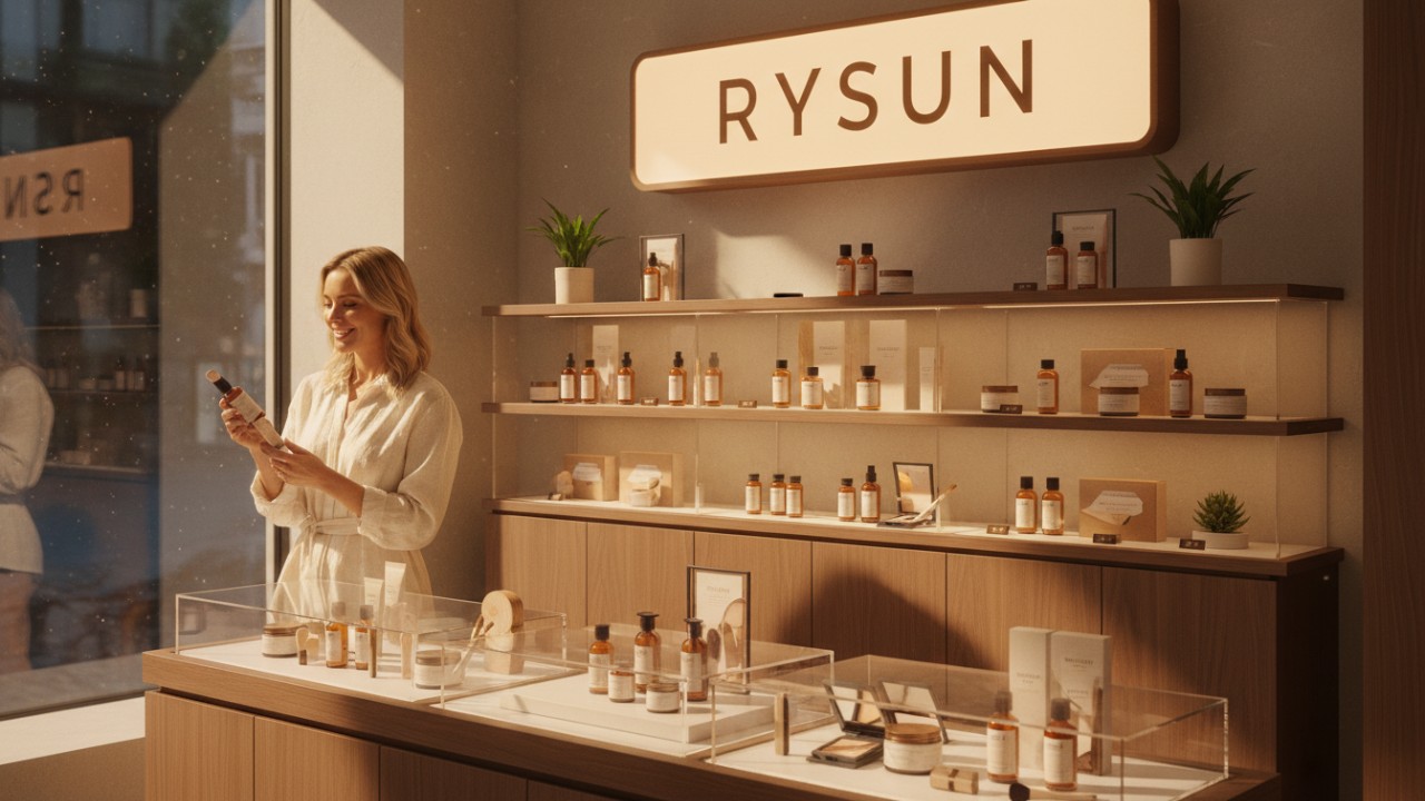 Роскошный интерьер магазина с вывеской бренда RYSUN и витриной с косметикой, не тестируемой на животных.