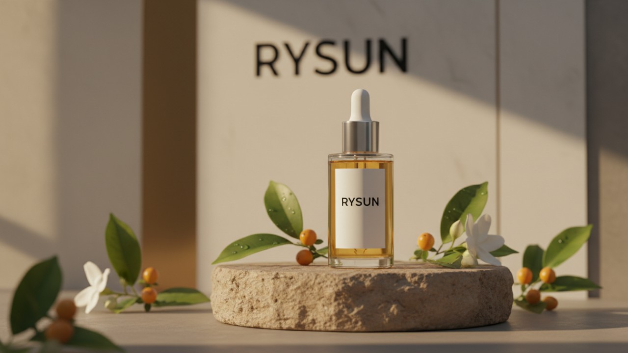 A luxury RYSUN skincare bottle on a stone pedestal bathed in golden sunlight, representing a successful and stable product.