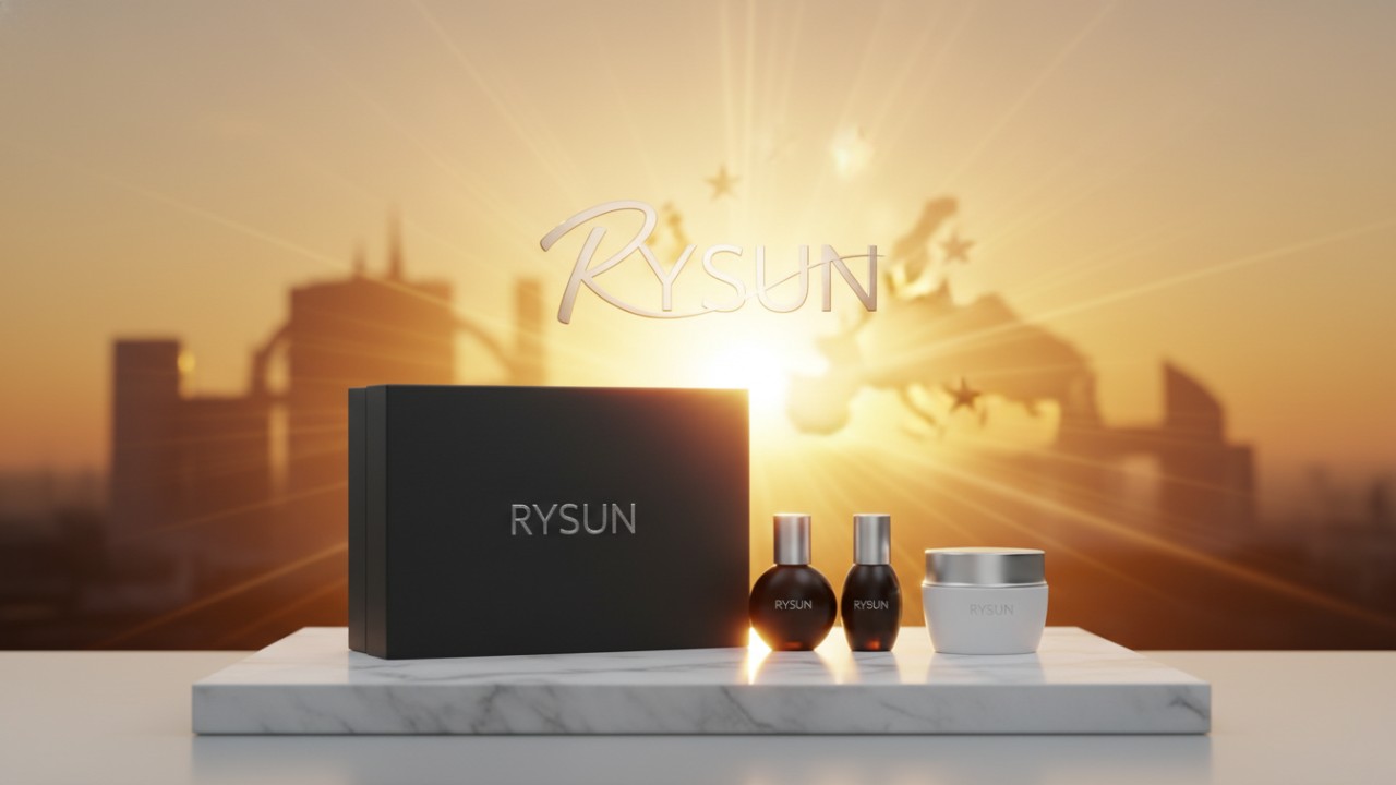 A luxury RYSUN skincare product set on a marble pedestal representing successful market entry.