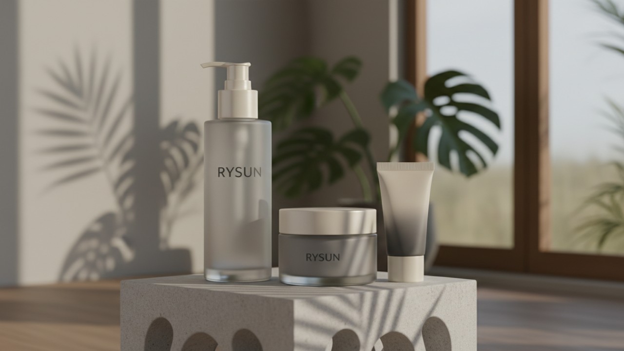A luxury set of eco-friendly skincare bottles on a stone pedestal featuring the RYSUN brand name on the label