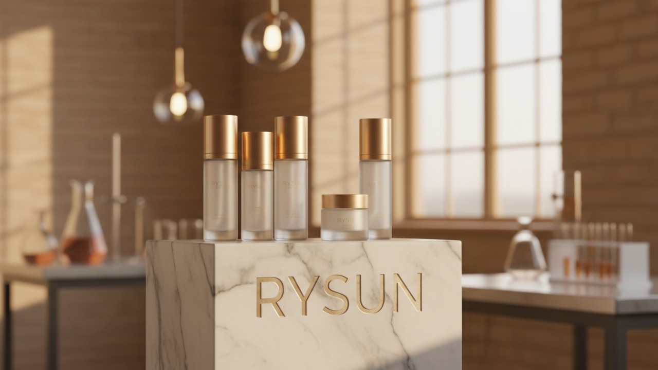 A minimalist and luxury display of finished skincare products on a marble pedestal featuring the engraved brand name RYSUN.
