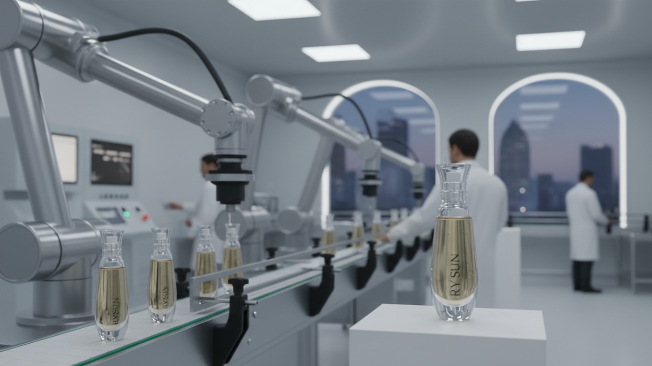 A modern cosmetic production line showing high-end skincare bottles being filled with the RYSUN brand name visible on the packaging