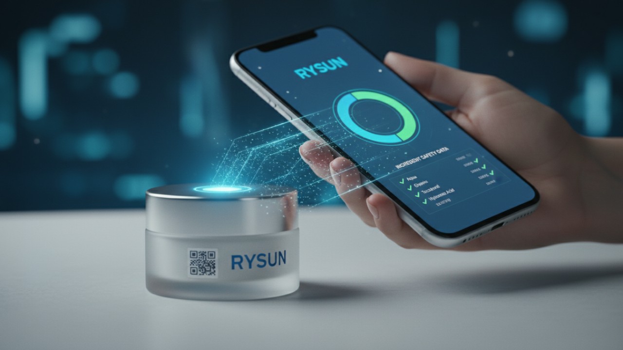 A person using a smartphone to scan a QR code on a RYSUN cosmetic product to view digital ingredient information on a screen.