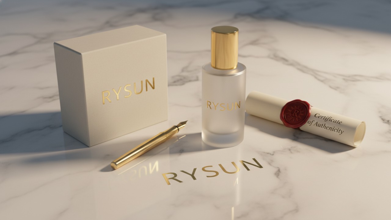 A premium RYSUN branded cosmetic product and a certificate of compliance on a marble surface symbolizing trust and success