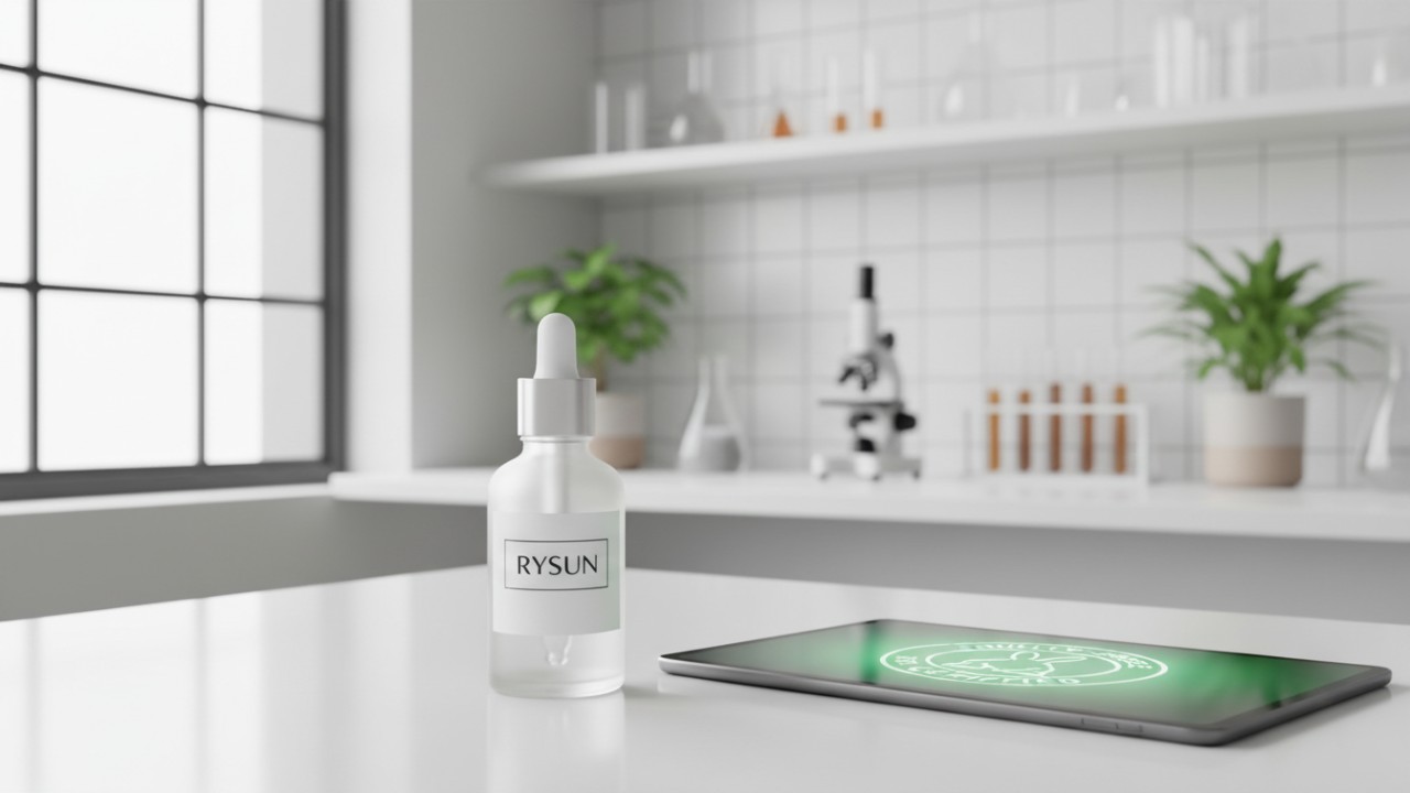Флакон премиальной косметики RYSUN рядом с цифровой сертификацией, подтверждающей отсутствие жестокого обращения с животными, выданной в современной лаборатории.