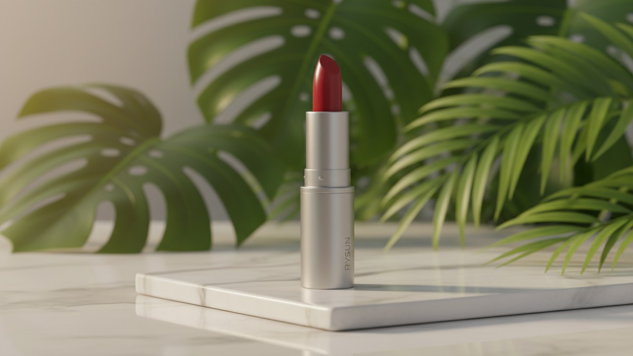 A premium sustainable lipstick tube with the RYSUN brand name engraved on a marble surface with a botanical background.