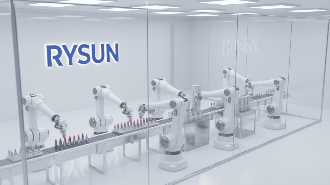 A professional 3D illustration of an automated cosmetic production line with the brand name RYSUN visible on the factory wall.