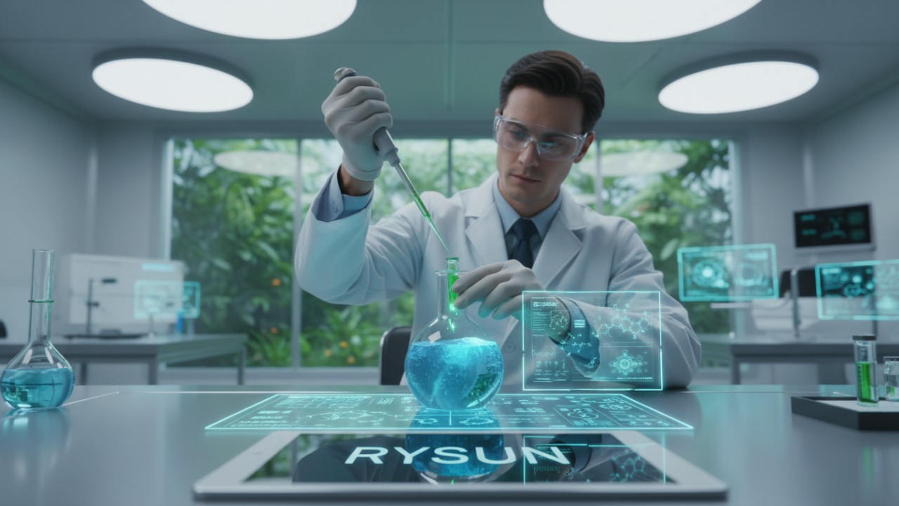 A professional chemist in a high-tech laboratory working on a custom cosmetic formulation with the brand name RYSUN displayed on a tablet.