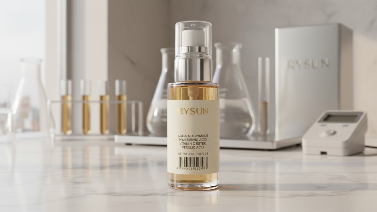 A professional cosmetic bottle with a detailed regulatory label featuring the RYSUN brand name in gold foil.