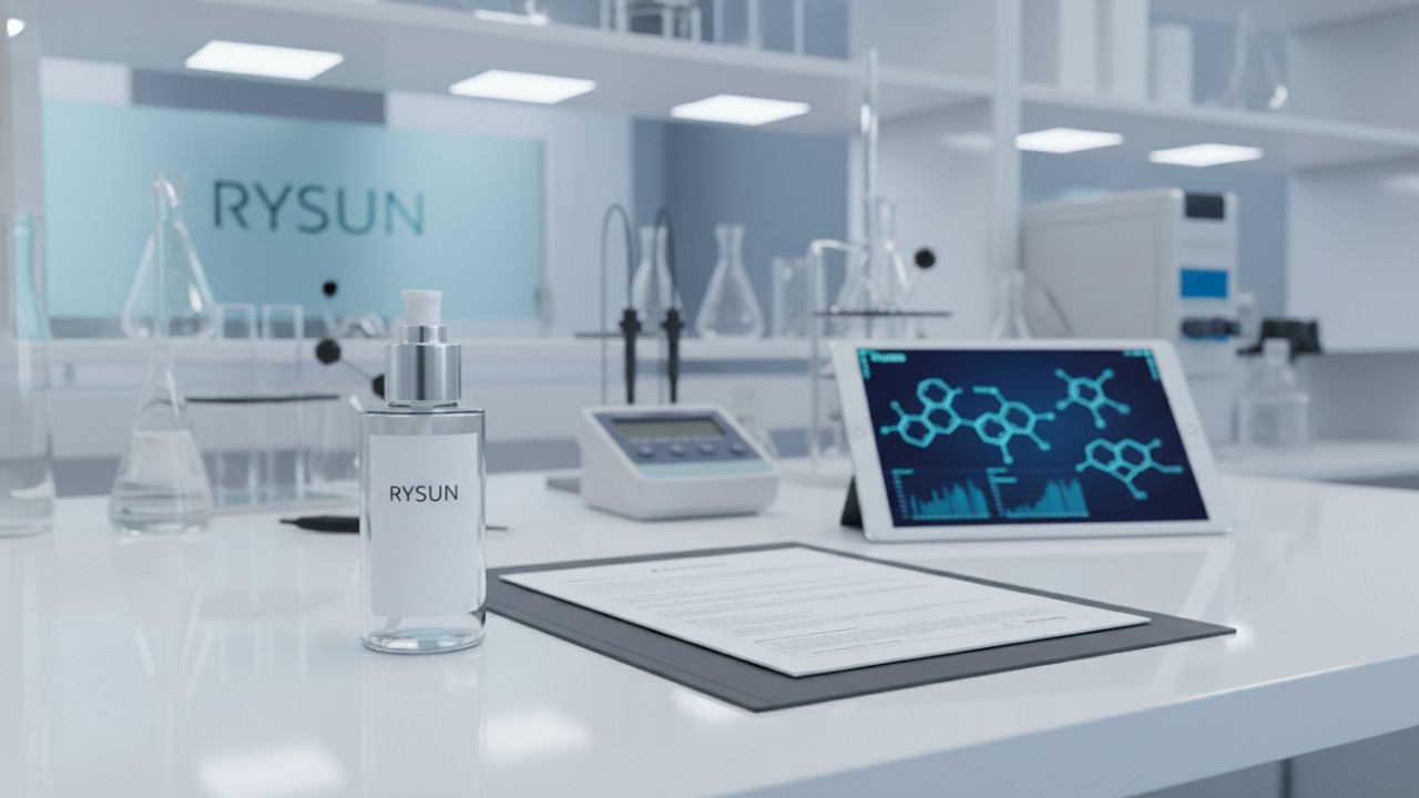 A professional laboratory setting featuring a cosmetic safety report and a RYSUN brand bottle.