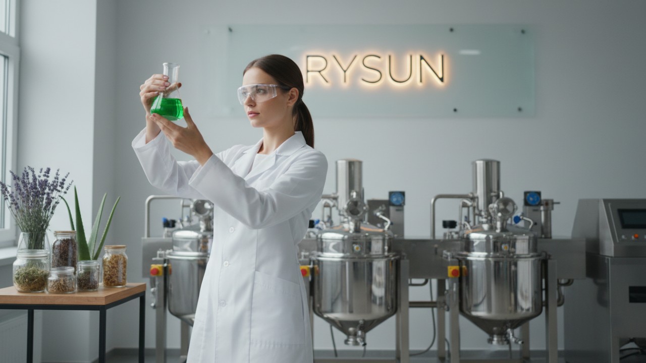 A professional laboratory setting where organic skincare is being formulated, featuring a RYSUN logo on the wall.