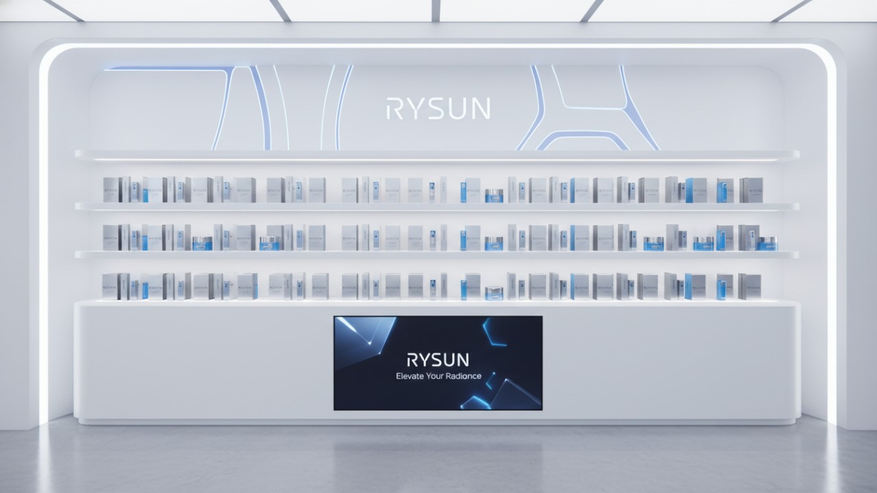 A professional retail display of RYSUN cosmetic products representing a successful brand conclusion