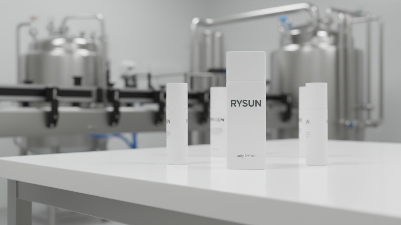 A professional skincare laboratory setting with high-end sunscreen bottles featuring the RYSUN brand logo.