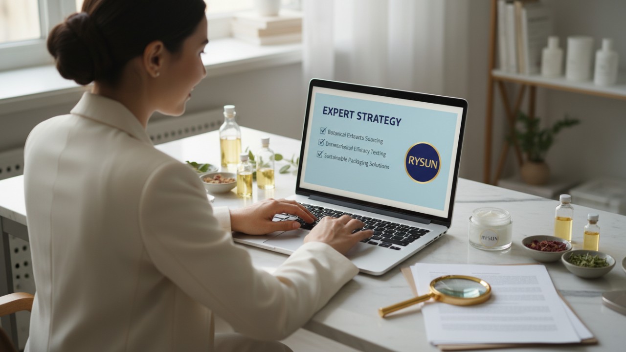 A professional workspace with a laptop showing a beauty brand strategy checklist and the RYSUN company logo