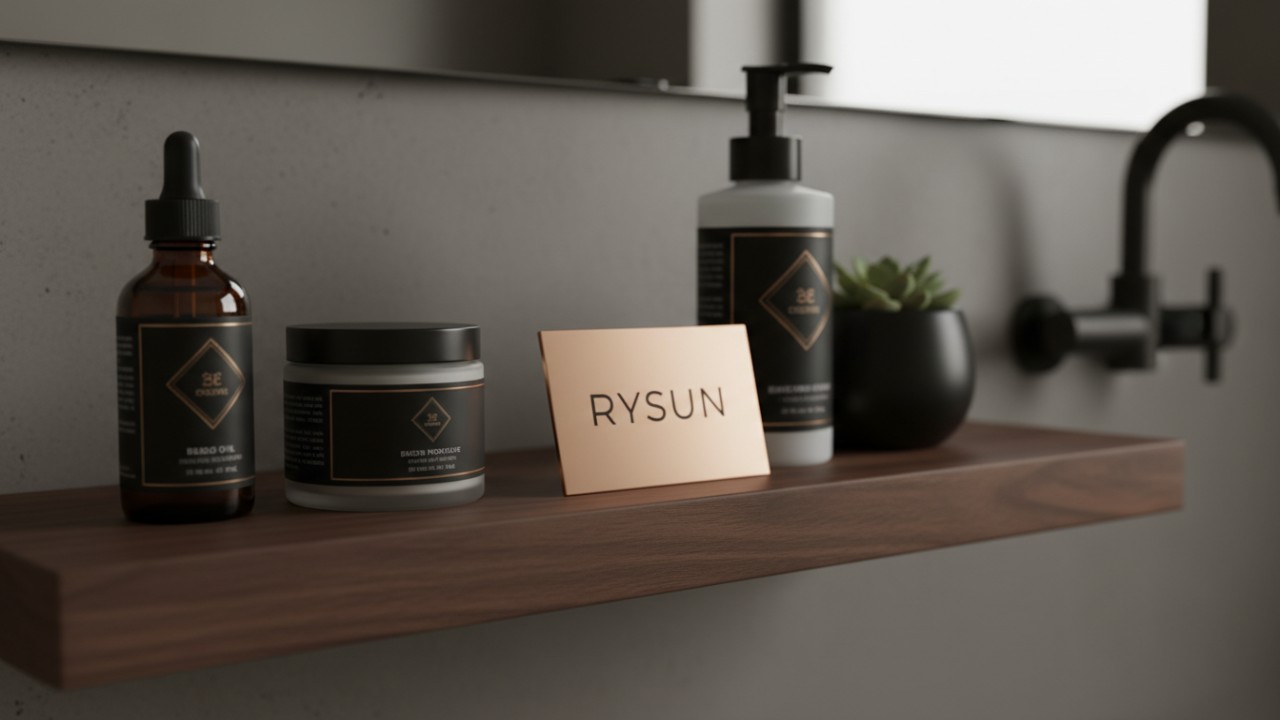 A sophisticated display of a full RYSUN men's grooming product line on a luxury wooden vanity shelf.
