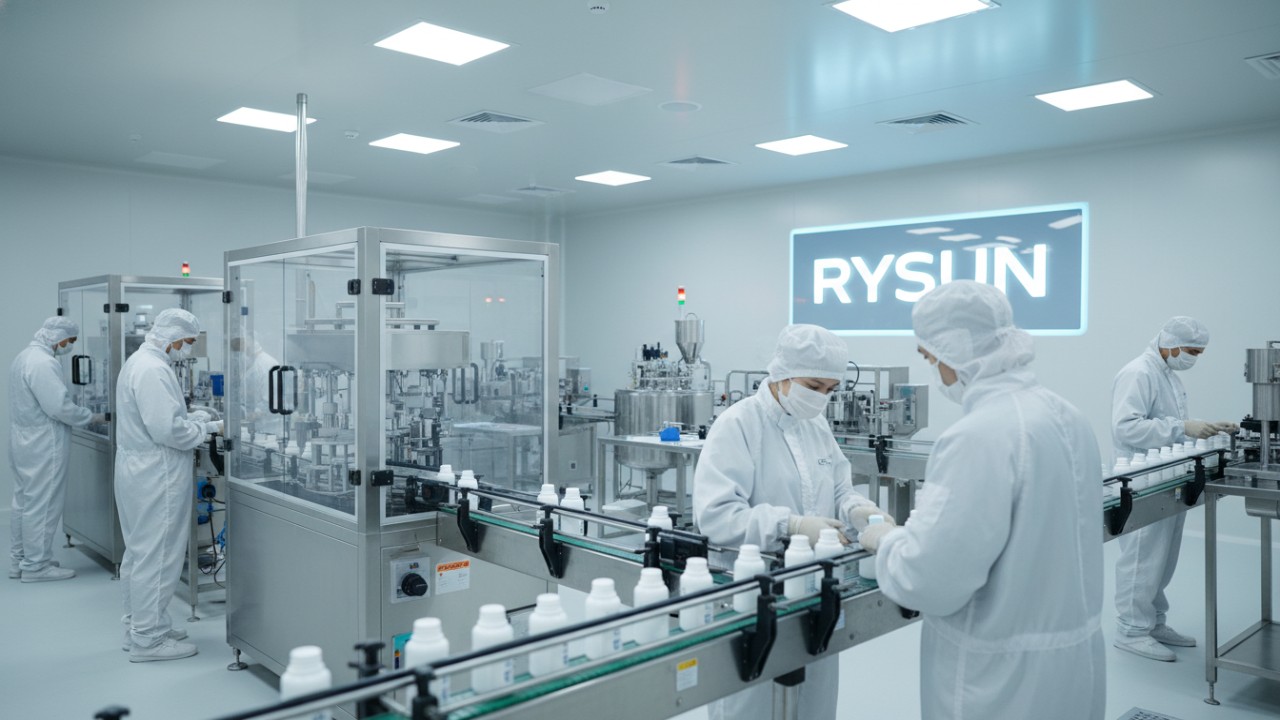A sterile and modern cosmetic manufacturing facility with technicians in lab gear and a glowing RYSUN brand sign on the wall.