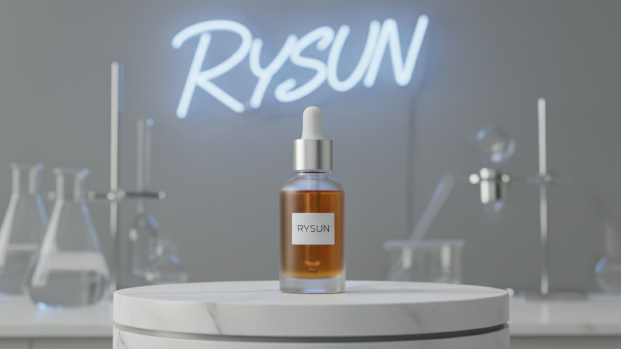 An elegant skincare product displayed on a marble pedestal in a sophisticated lab environment with a RYSUN neon sign in the background.