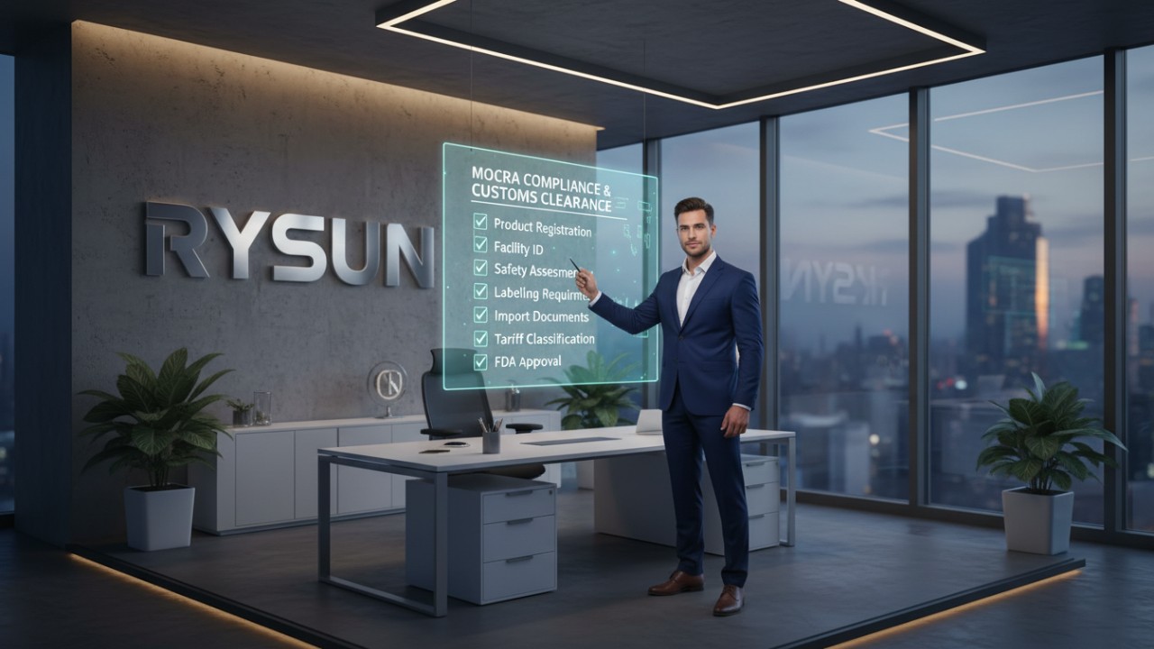 An expert consultant reviewing a compliance checklist in a modern office with the RYSUN brand logo displayed on the wall.